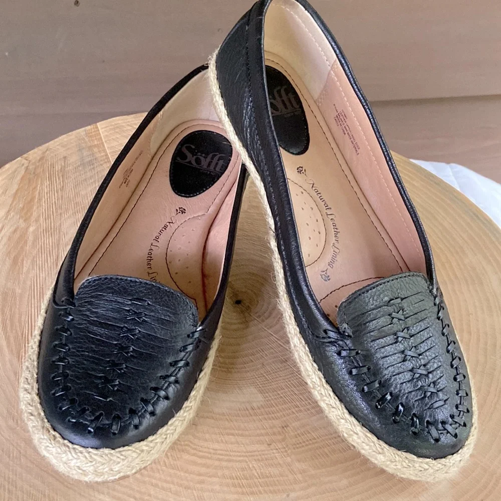 Leather Womens Black Flat Loafers with Jute Trim - Size 6.5